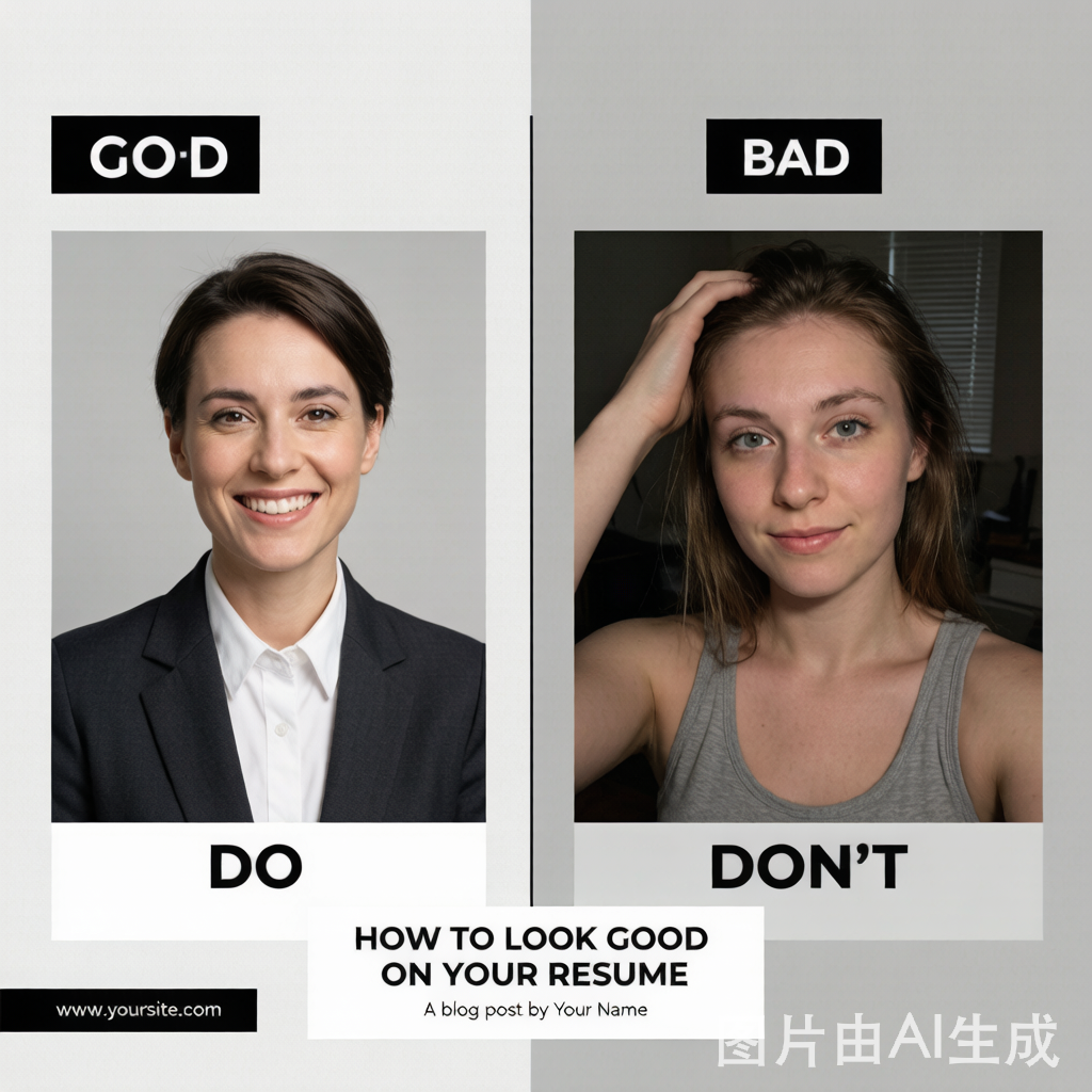 Good vs bad resume photo comparison — professional headshot on the left, unprofessional selfie on the right