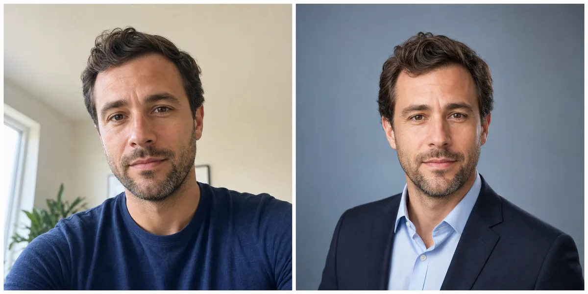 Before and after — LinkedIn-ready profile. Turns a casual indoor selfie into a cleaner work profile photo while keeping the same person recognizable.